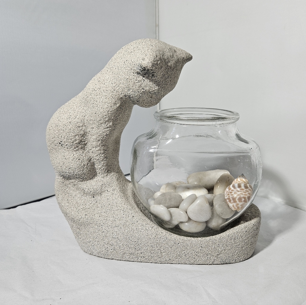 Vintage MCM Royal Haeger Gray Textured Pottery Cat Looking at Fish Bowl Fishbowl